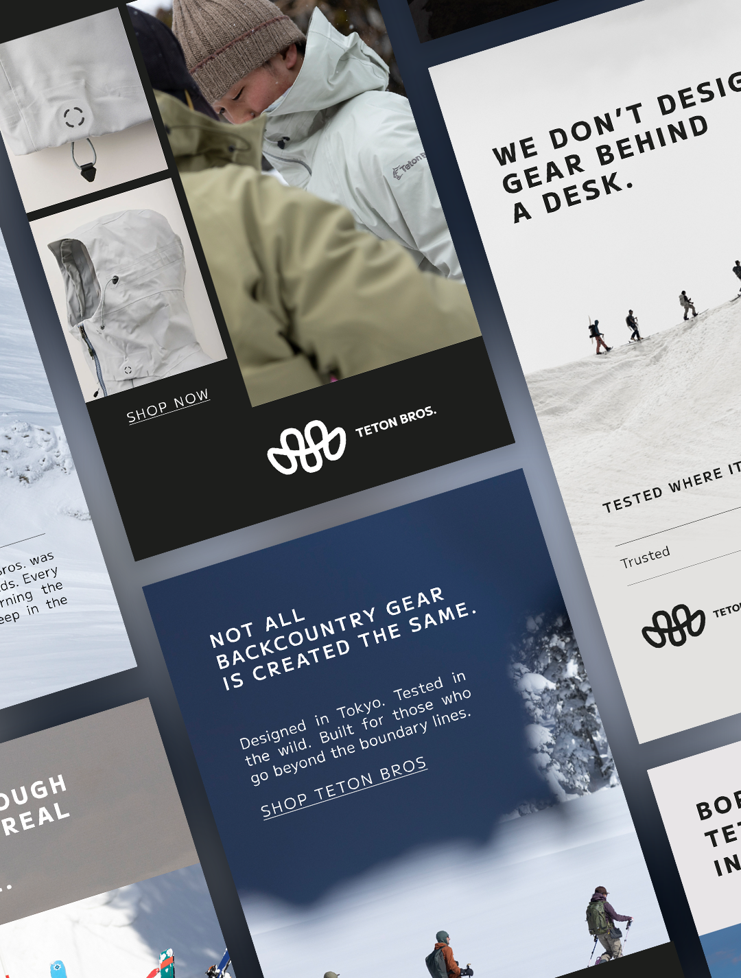 Multiple snow gear advertisements including jackets, backpacks, and a group of people skiing or snowboarding in mountains.