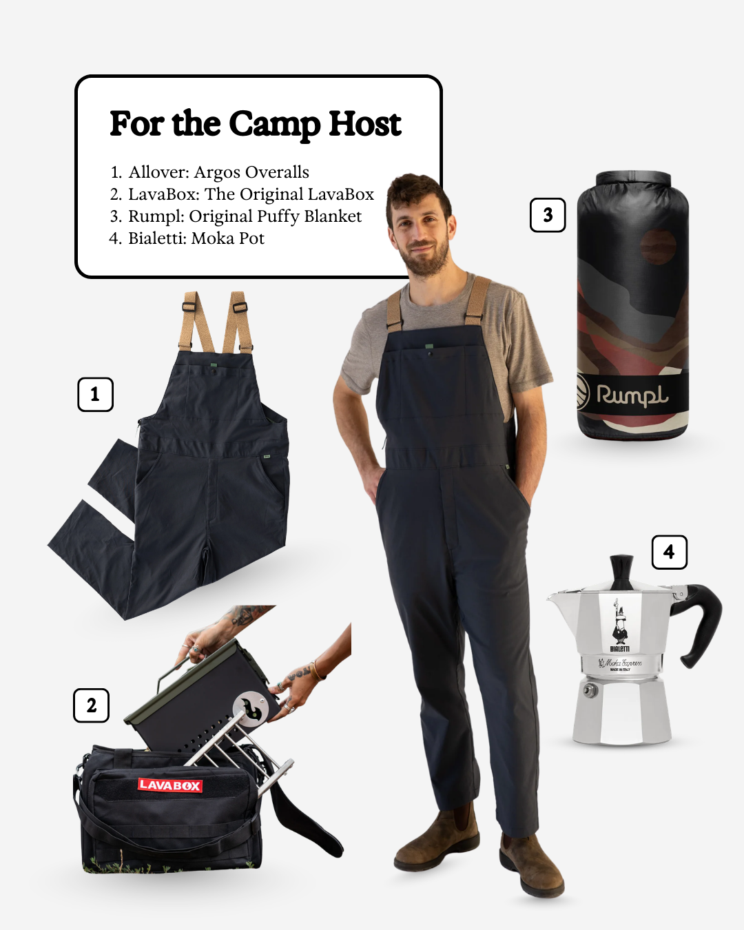 Image shows a man wearing camping overalls standing next to camping gear, including a black pillow, a portable espresso machine, and a roll-up bag for a vacuum coffee maker, with labels identifying each item.