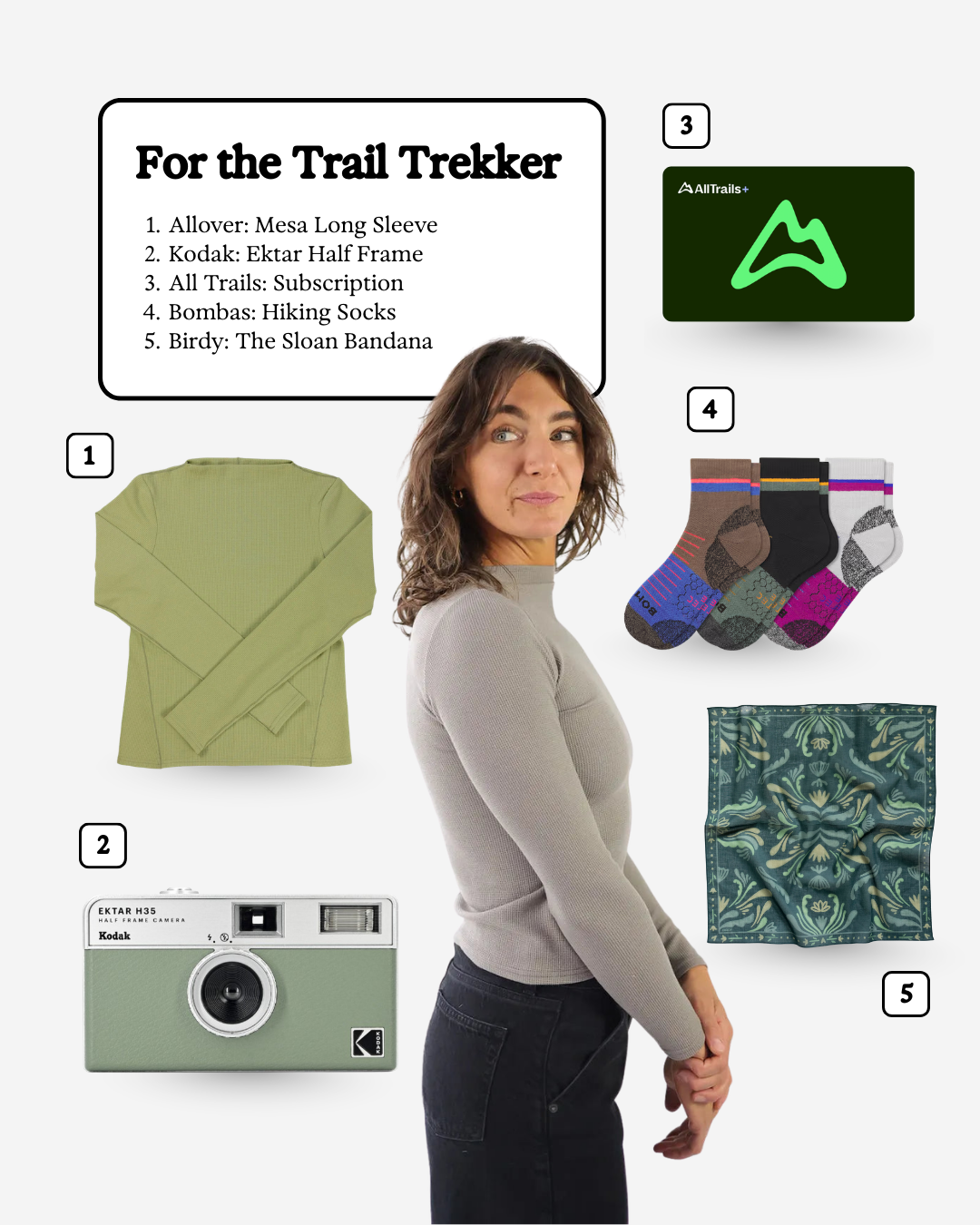 Collage of hiking gear for trail trekking, including a sage green long sleeve shirt, a vintage Kodak Ektar half frame camera, a set of colorful hiking socks, a patterned silk bandana, and a woman with shoulder-length brown hair wearing a beige long sleeve shirt.