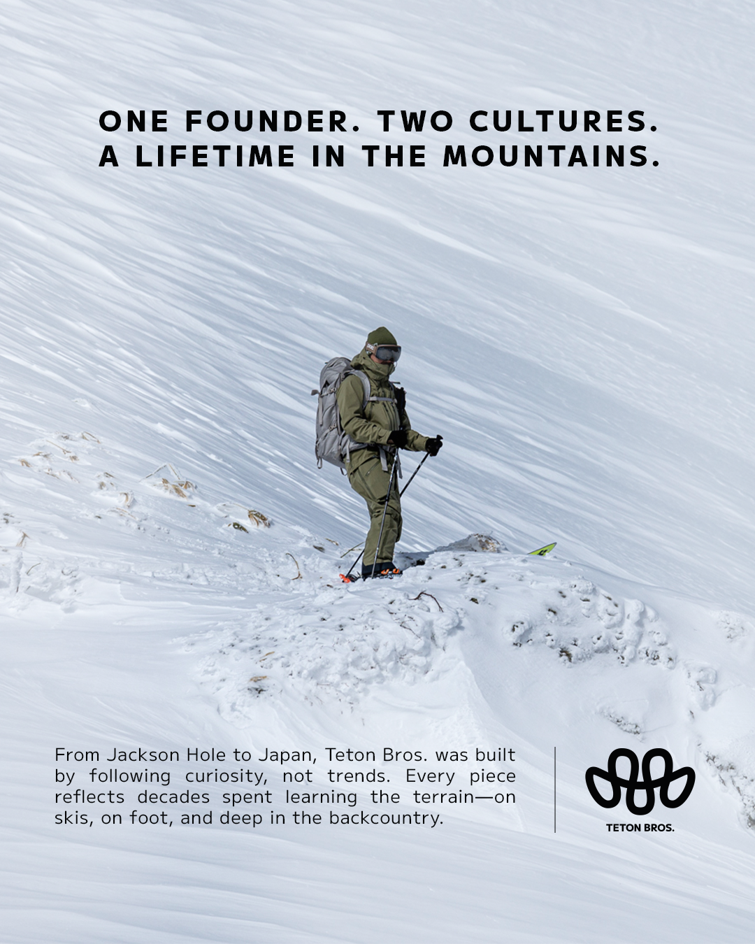 A person in winter gear skiing on snow-covered mountainside with the Teton Bros logo and historical information about Jackson Hole and the Teton Bros in the snow.