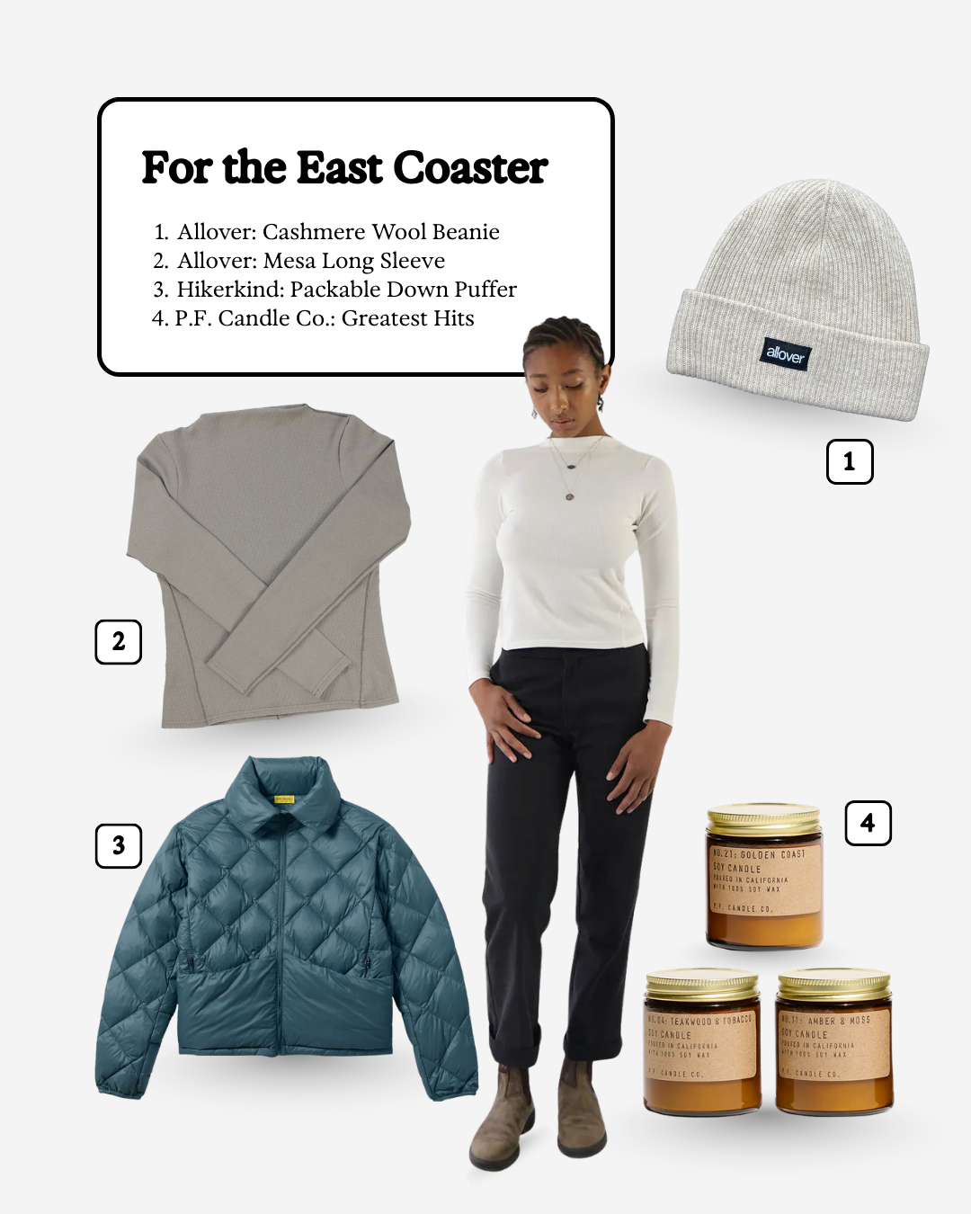 A woman dressed in a white long-sleeve top and black pants standing next to winter accessories and candles, including a gray beanie, a beige sweater, a teal quilted jacket, and three soy candles in amber jars with gold lids, with a white sign listing items for an East Coaster.