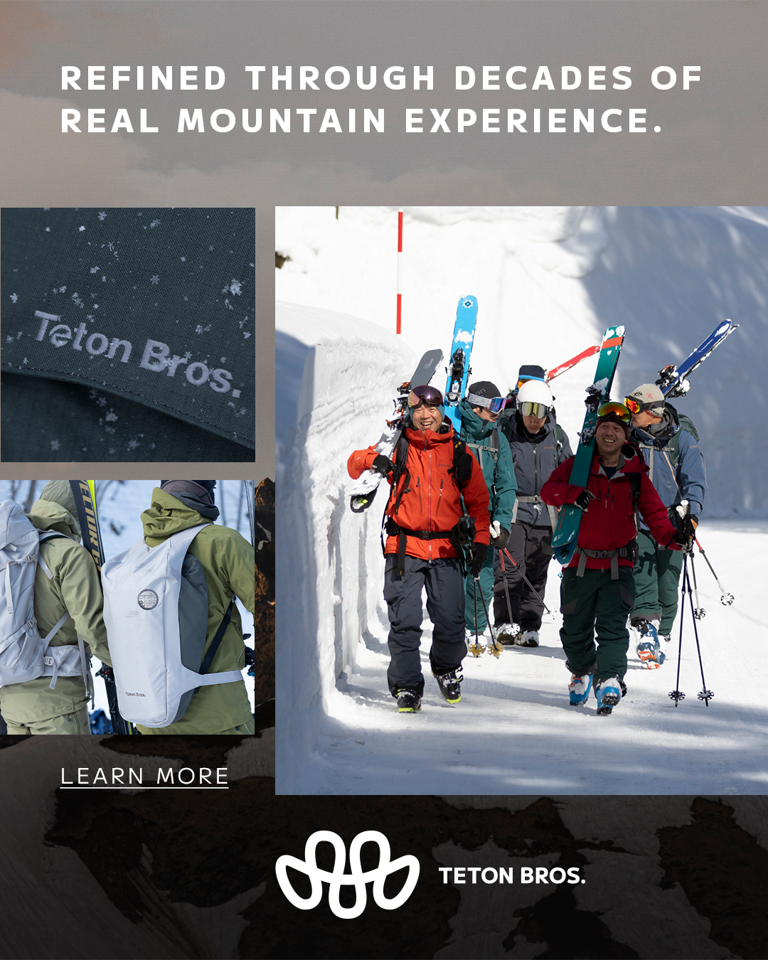 Group of skiers walking through snow with skis on their shoulders, dressed in winter gear, with a snowy mountain landscape in the background. The Teton Bros. logo is at the bottom.