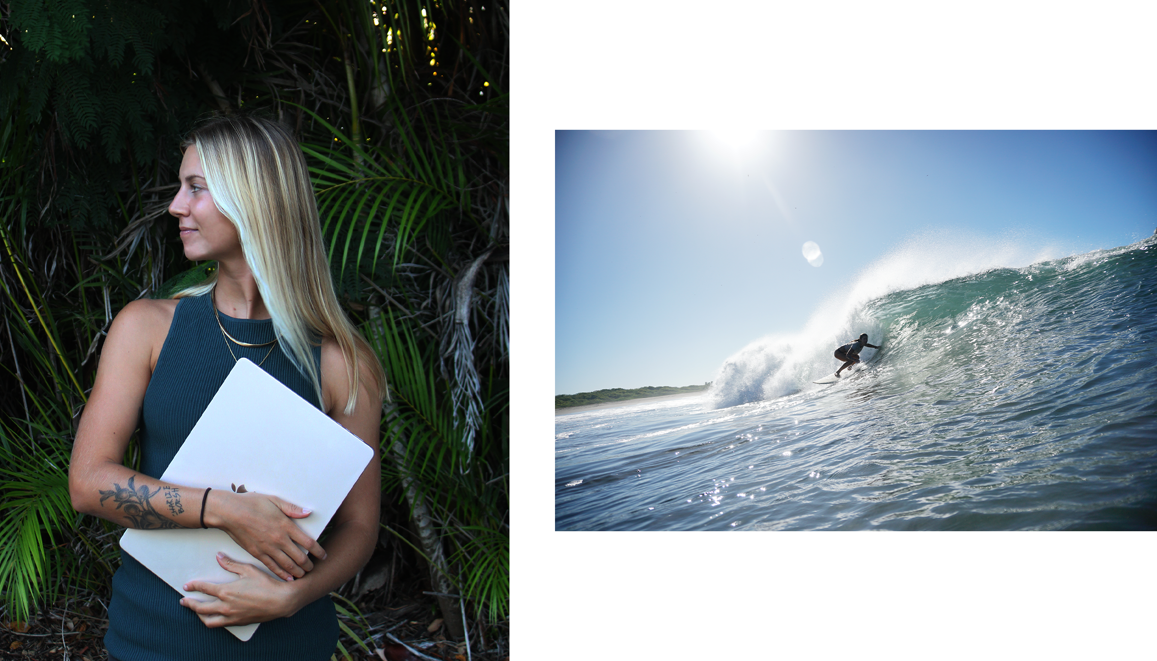 A woman standing in front of green tropical foliage holding a closed laptop, with a tattoo on her arm and a necklace, looking to her left; beside a photo of a surfer riding a wave in the ocean on a sunny day.