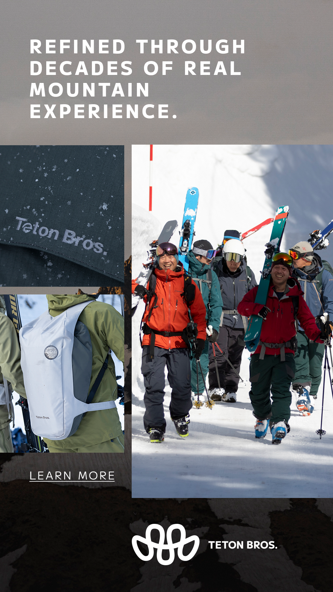 Group of people carrying skis and snowboards on a snowy mountain hike.