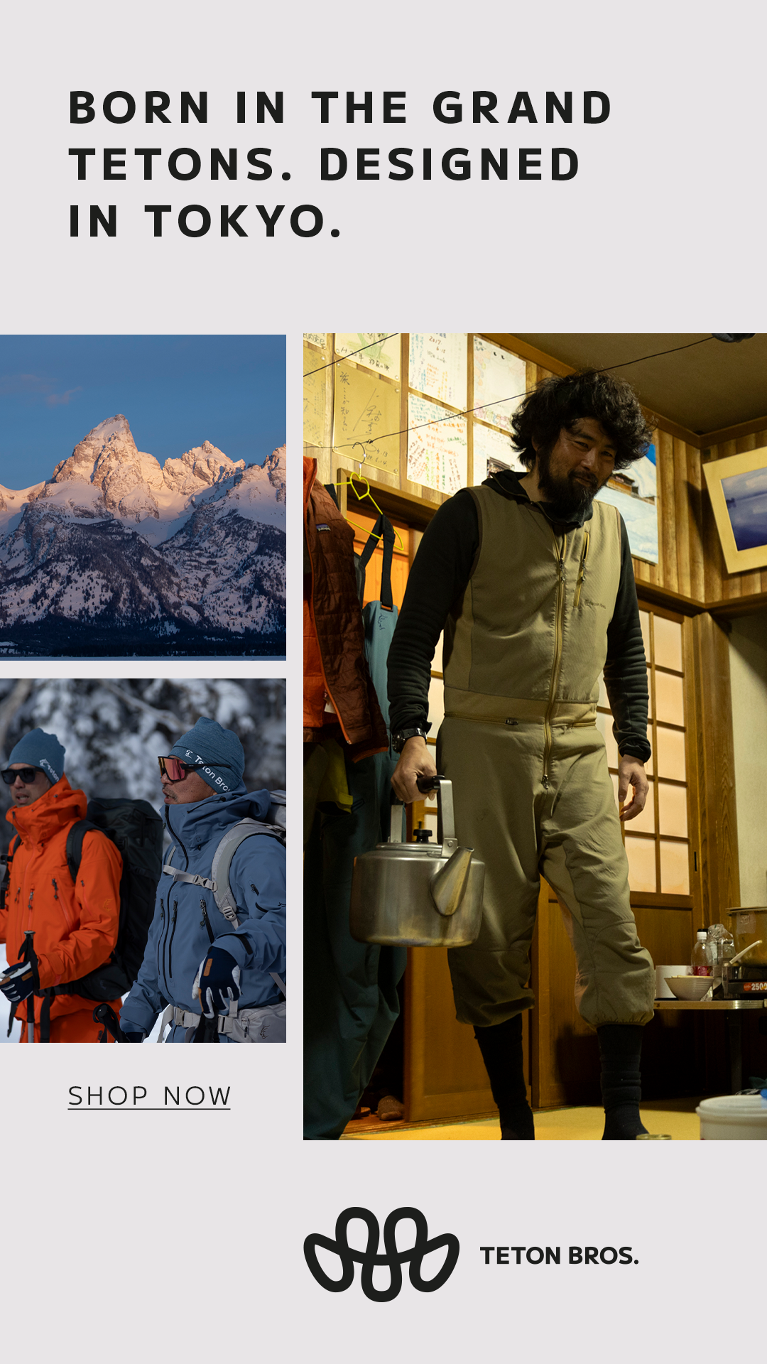 An advertisement for Teton Bros. featuring a mountain, two hikers dressed in winter gear, and a man in a room holding a kettle.