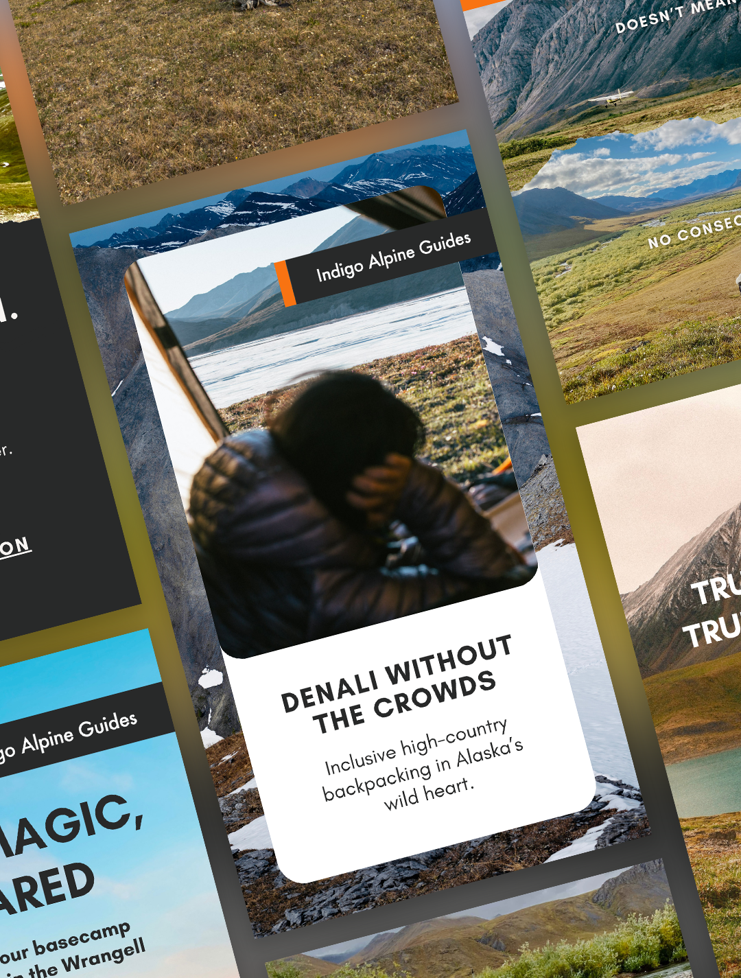 A person resting in a wilderness area with mountains and a river in the background, promoting Denali without the crowds for high-country backpacking in Alaska.