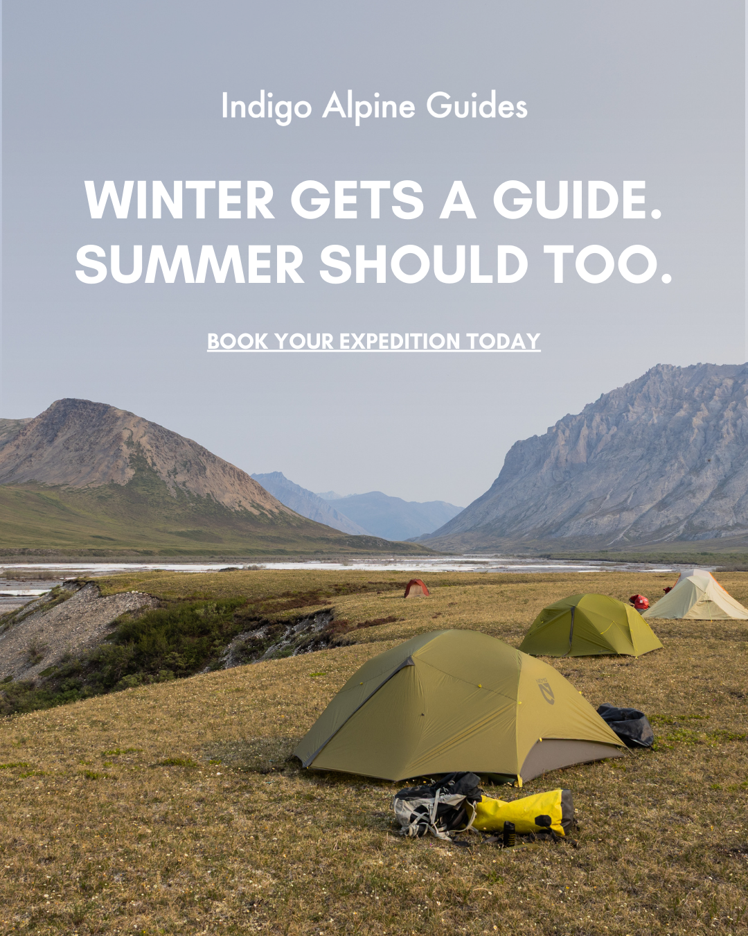 Camping tents set up on grassy field with mountains in the background, promotion for outdoor adventure guides.