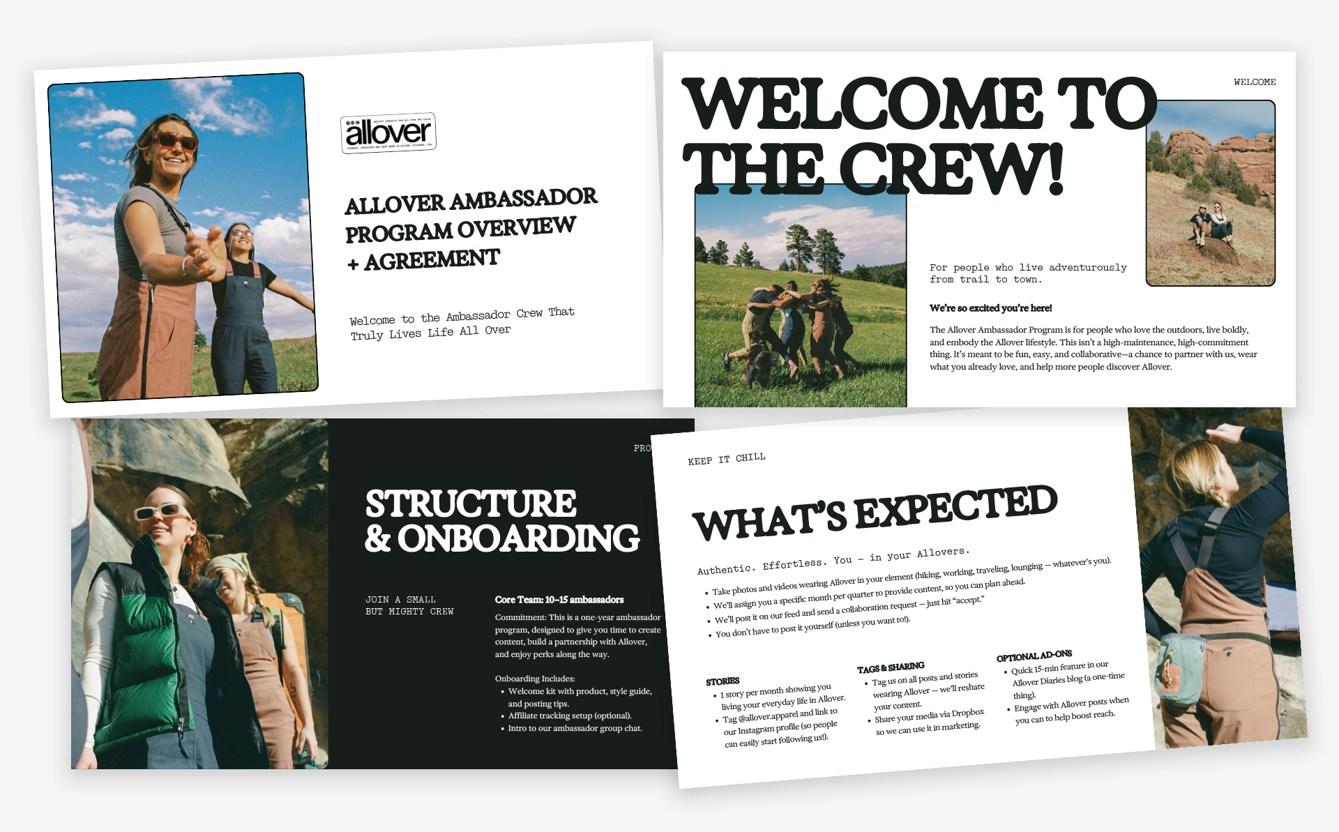 A collection of four digital flyers and brochures for the Allover Ambassadors program, featuring outdoor images of people hiking, playing, and exploring scenic locations with grassy fields and rocky landscapes.