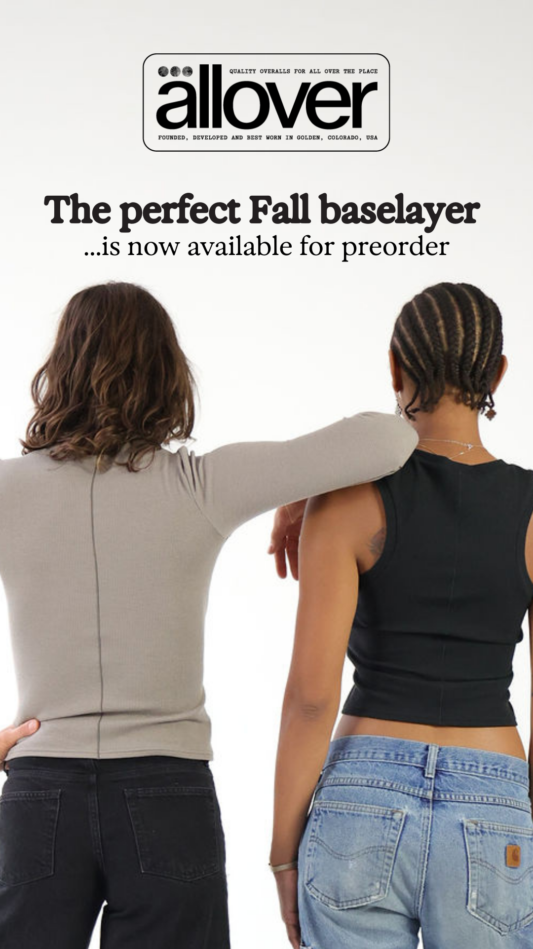 Advertisement for All Over brand fall baselayer, featuring two women from behind, one with arm around the other.