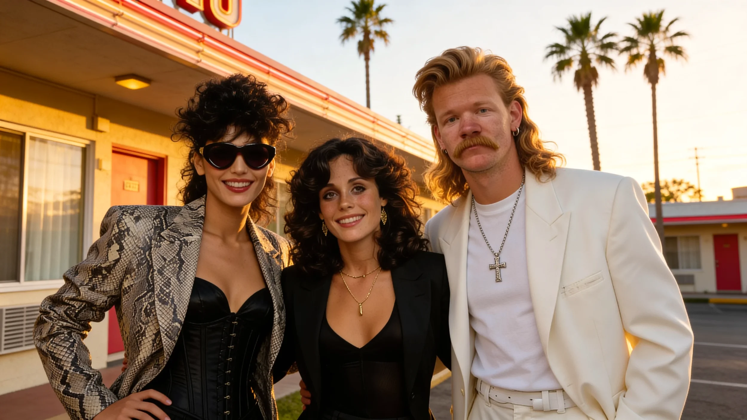 Olympia Tran, Kara Ann Stanley, and Randy Modeen posing for photoshoot at motel