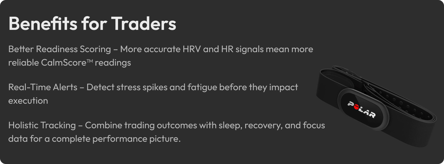 Bullet points listing benefits for traders, including better readiness scoring, real-time alerts, and holistic tracking, alongside an image of a black fitness tracker with a display showing the POLAR logo.