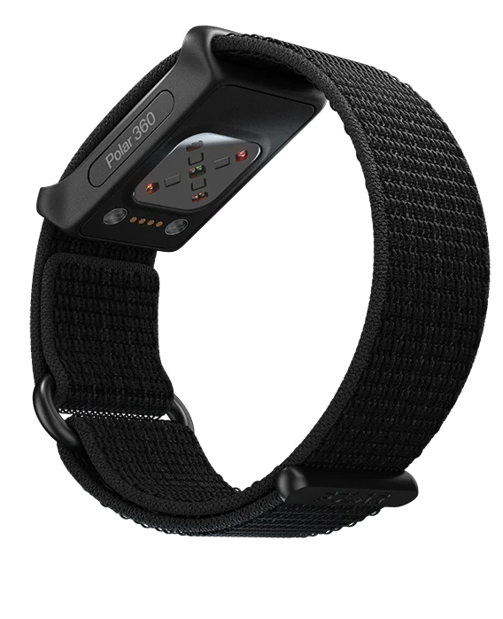 The image shows a black wearable fitness tracker with a fabric strap and a rectangular digital display on the underside, featuring sensors and LED indicators. The device is labeled "Polar 360."
