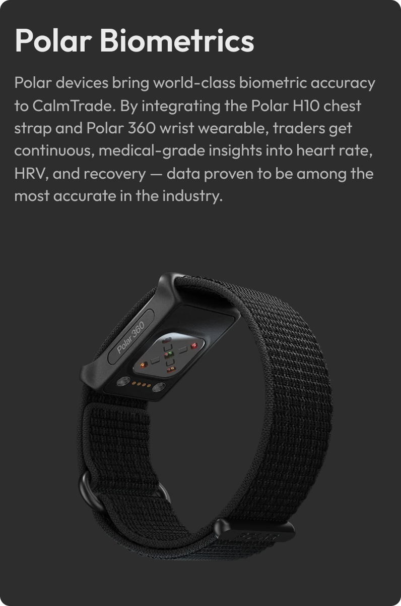Close-up of a black Polar 360 wrist wearable device with a textured band and a medical-grade sensor on the underside, against a dark background.