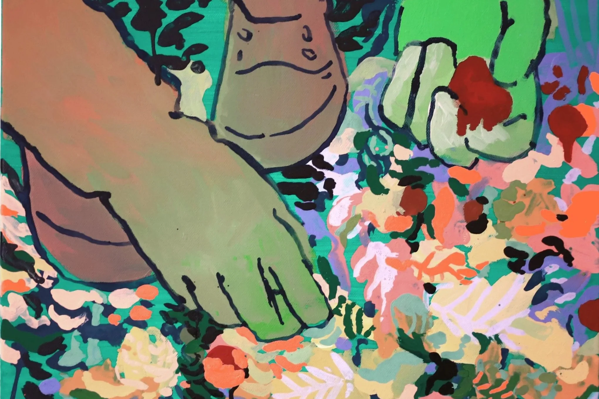 Oeuvre de l'artiste Annick Mischler,  personnage ancré dans les bois, ramassant des fruits.