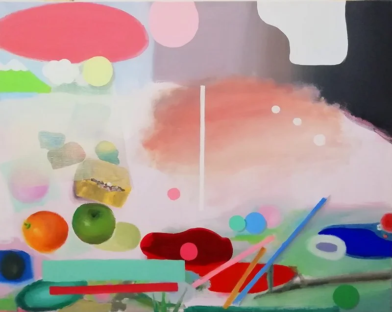 Oeuvre de l'artiste Anne Emery, une peinture abstraite avec des formes colorées telles que des cercles, des lignes et des blocs de différentes couleurs.