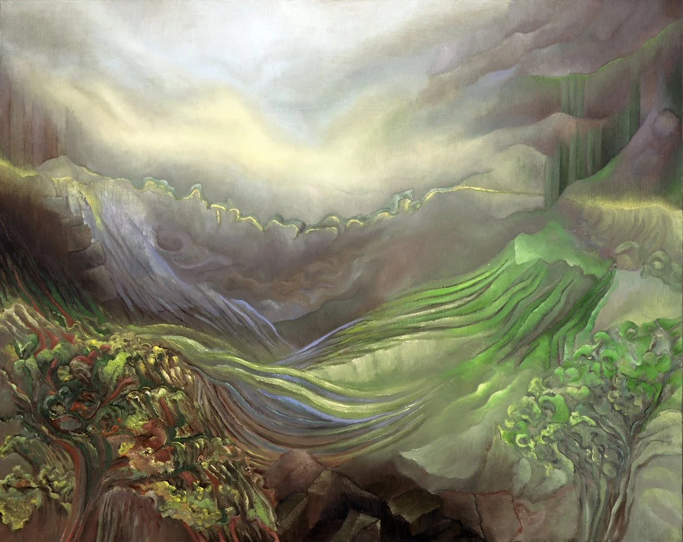 Paysage montagneux avec des collines vertes, des rivières sinueuses, des arbres et un ciel nuageux de l'artiste Guillaine Querrien.