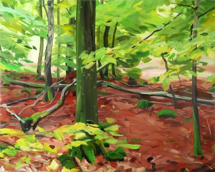 Peinture de l'artiste Olivier Morel, une forêt avec arbres, feuilles vertes, et sol de feuilles rouges.
