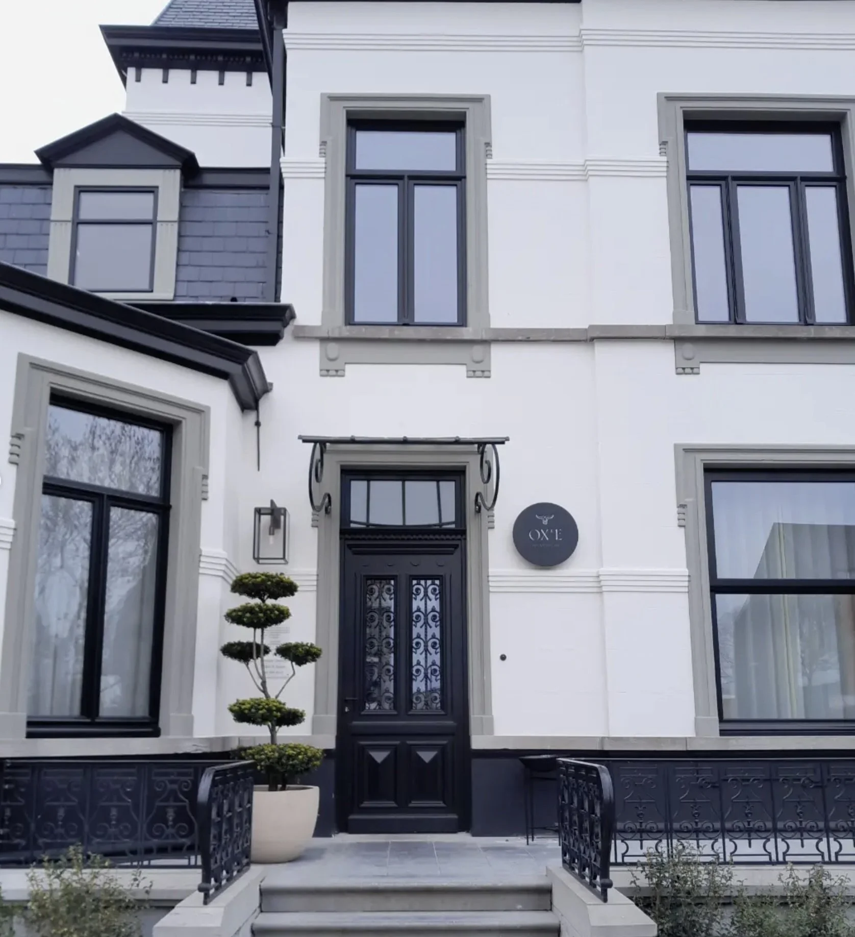 Front view of a modern, white house with large black framed windows, decorative black iron railings, a black door, and a small ornamental tree in a white planter.