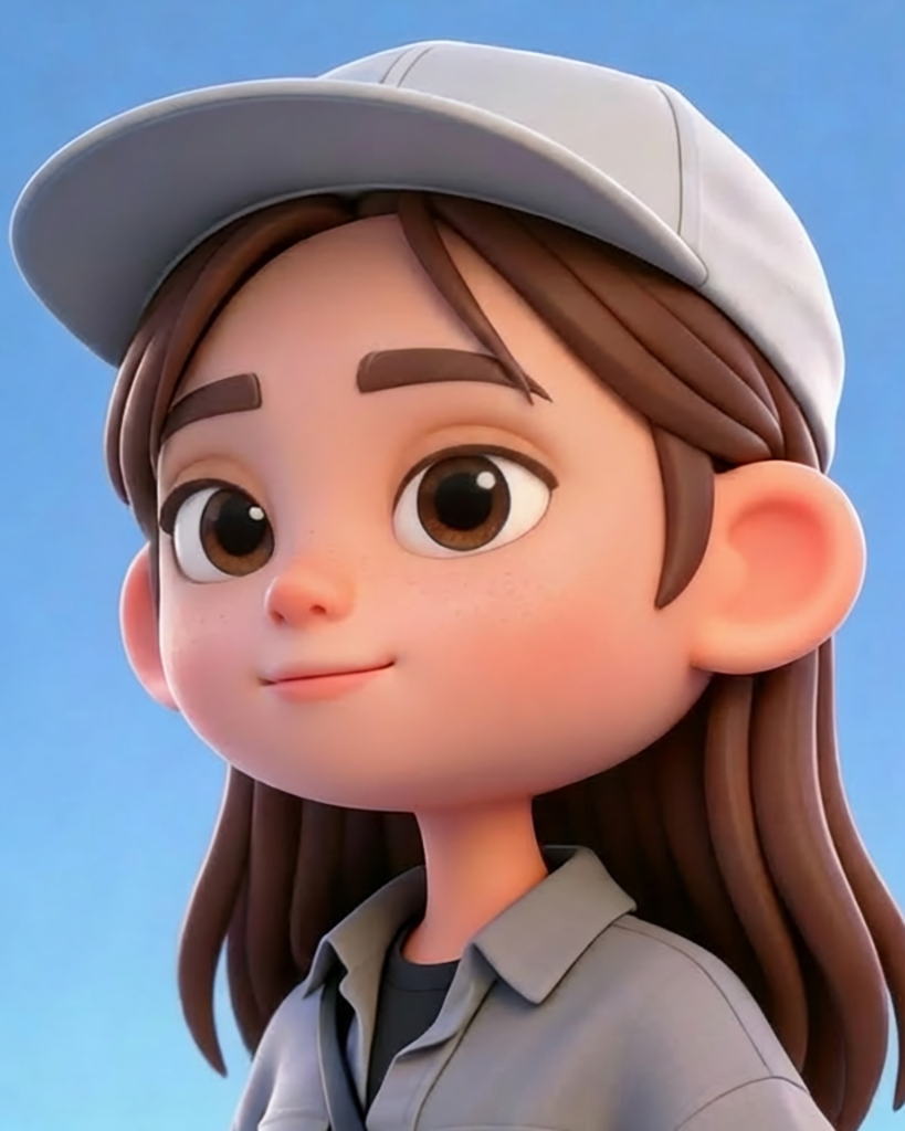 Animated girl with brown hair, big brown eyes, wearing a gray cap and a gray collared shirt, against a blue sky background.