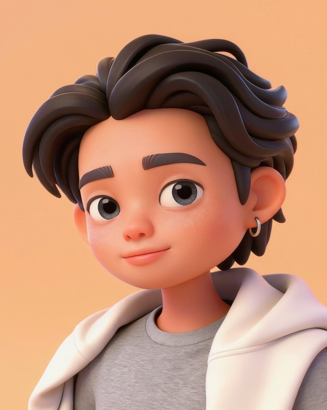 3D animated portrait of a young person with dark brown wavy hair, large gray eyes, light skin, and a small hoop earring in his left ear, wearing a light gray t-shirt and a white hoodie against a warm beige background.