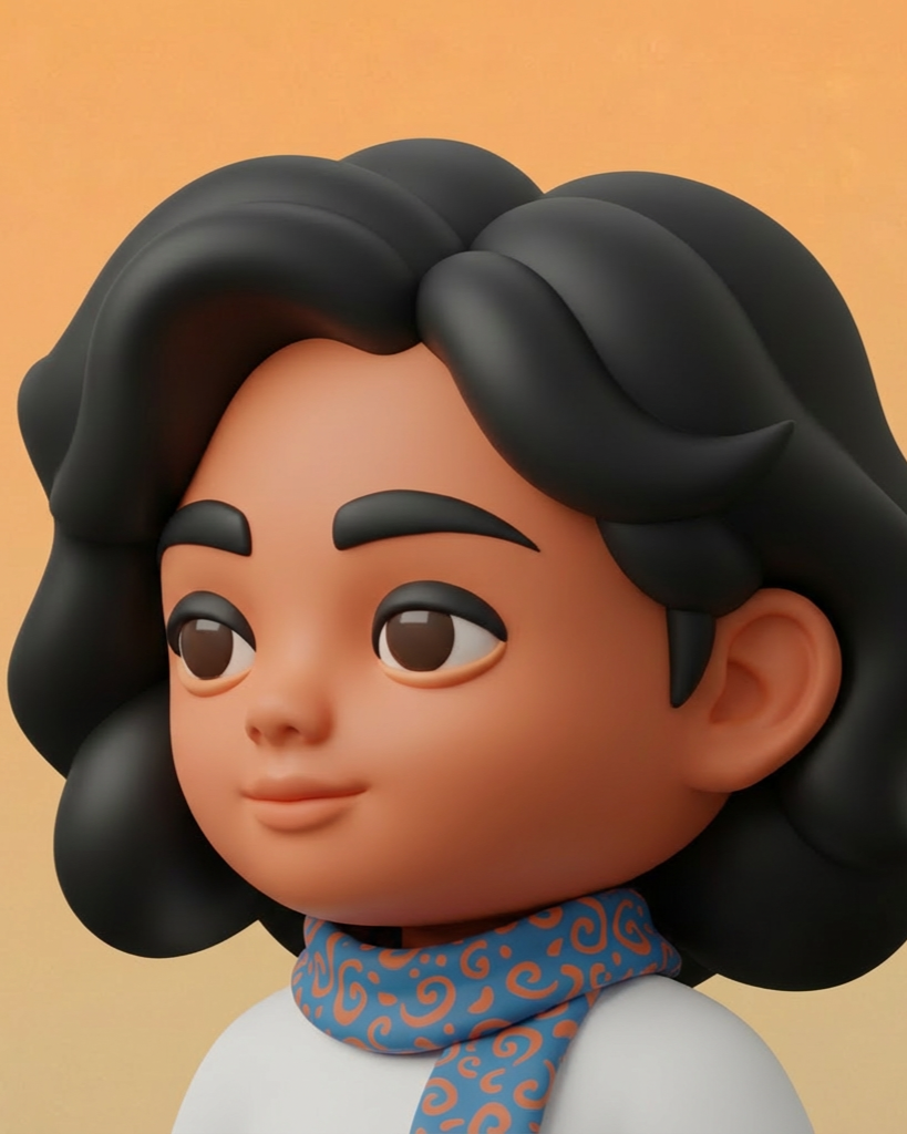 Close-up of a cartoon-style female character with black, wavy hair, large expressive eyes, and a blue scarf with orange swirls around her neck.