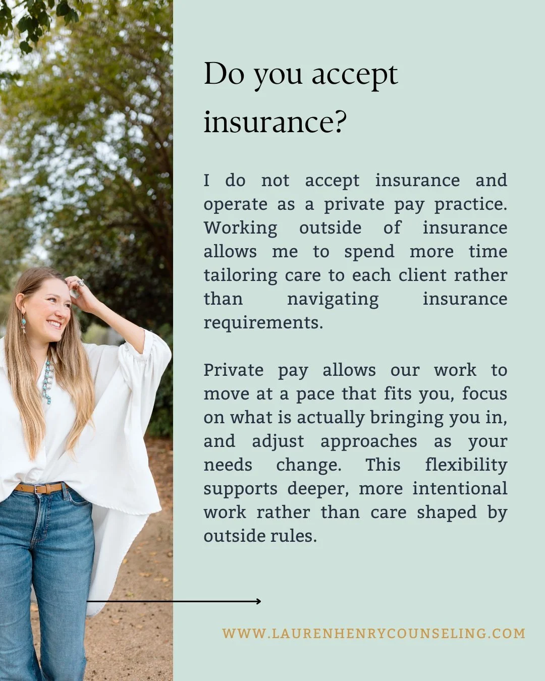 A question I get often. Thought it deserved a thoughtful answer 🤍
Counseling works best when care is shaped around you, not insurance requirements.

@laurenhenrycounseling 
🌐www.laurenhenrycounseling.com

Soulshine Counseling + Wellness, LLC 
🌐www