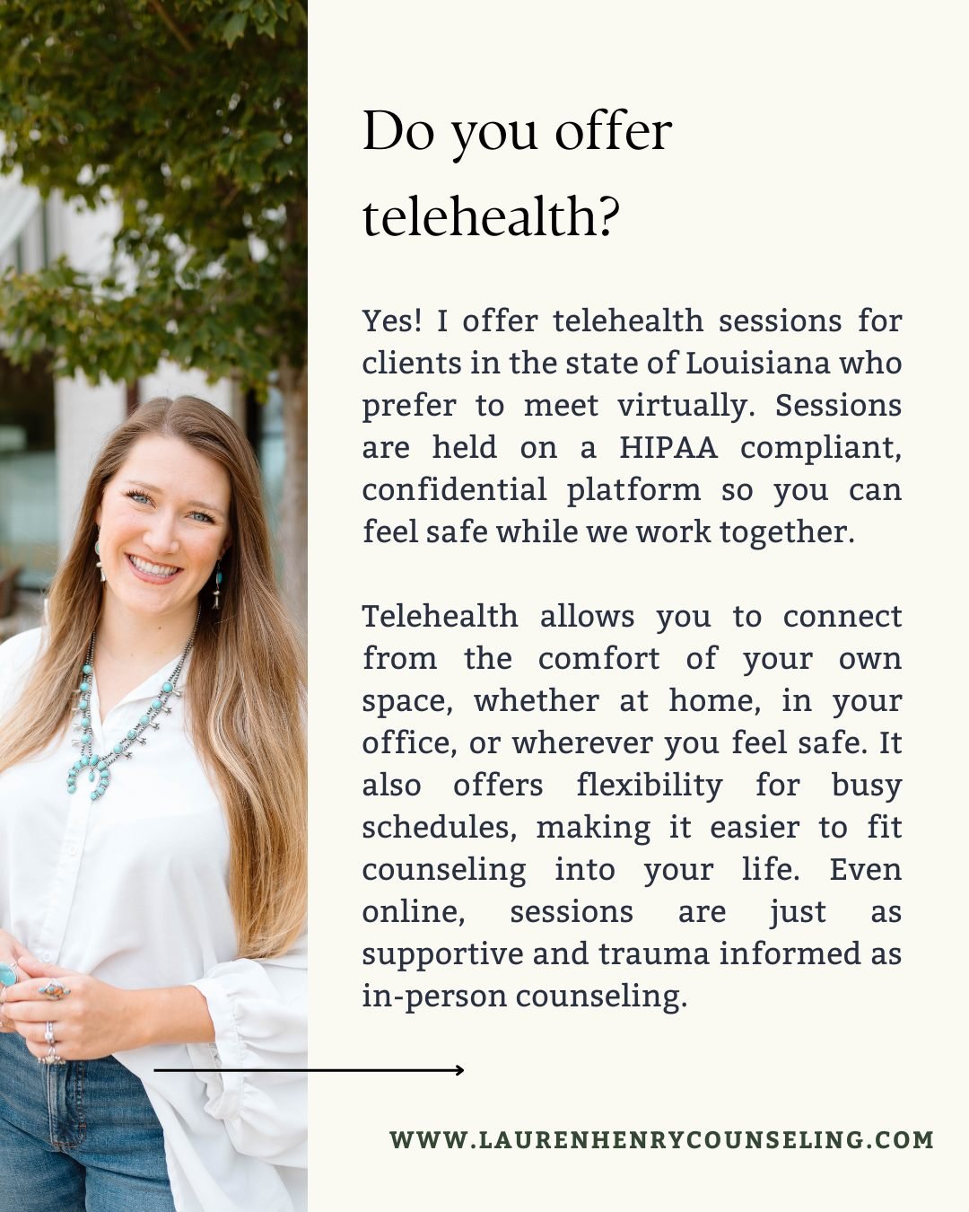 Virtual sessions allow us to meet from the comfort of your own space while still receiving thoughtful, trauma informed care. Wondering if telehealth might be a good fit for you? Use the link in my bio to get started!

@laurenhenrycounseling 
🌐www.la