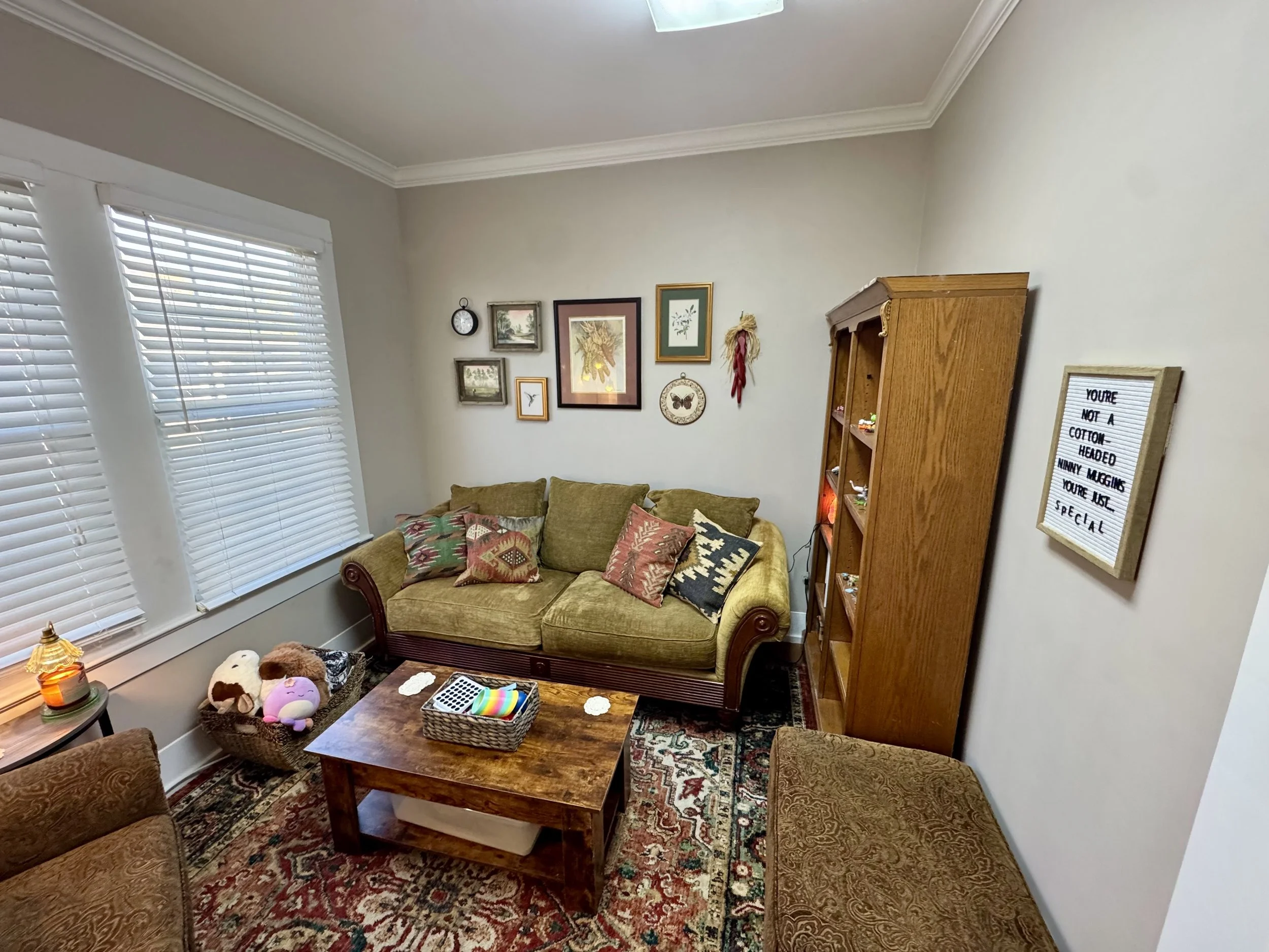 Office room with green couch, decorative pillows, wooden coffee table, plush toys, patterned area rug, large windows with blinds, and wall art and shelves on the wall.
