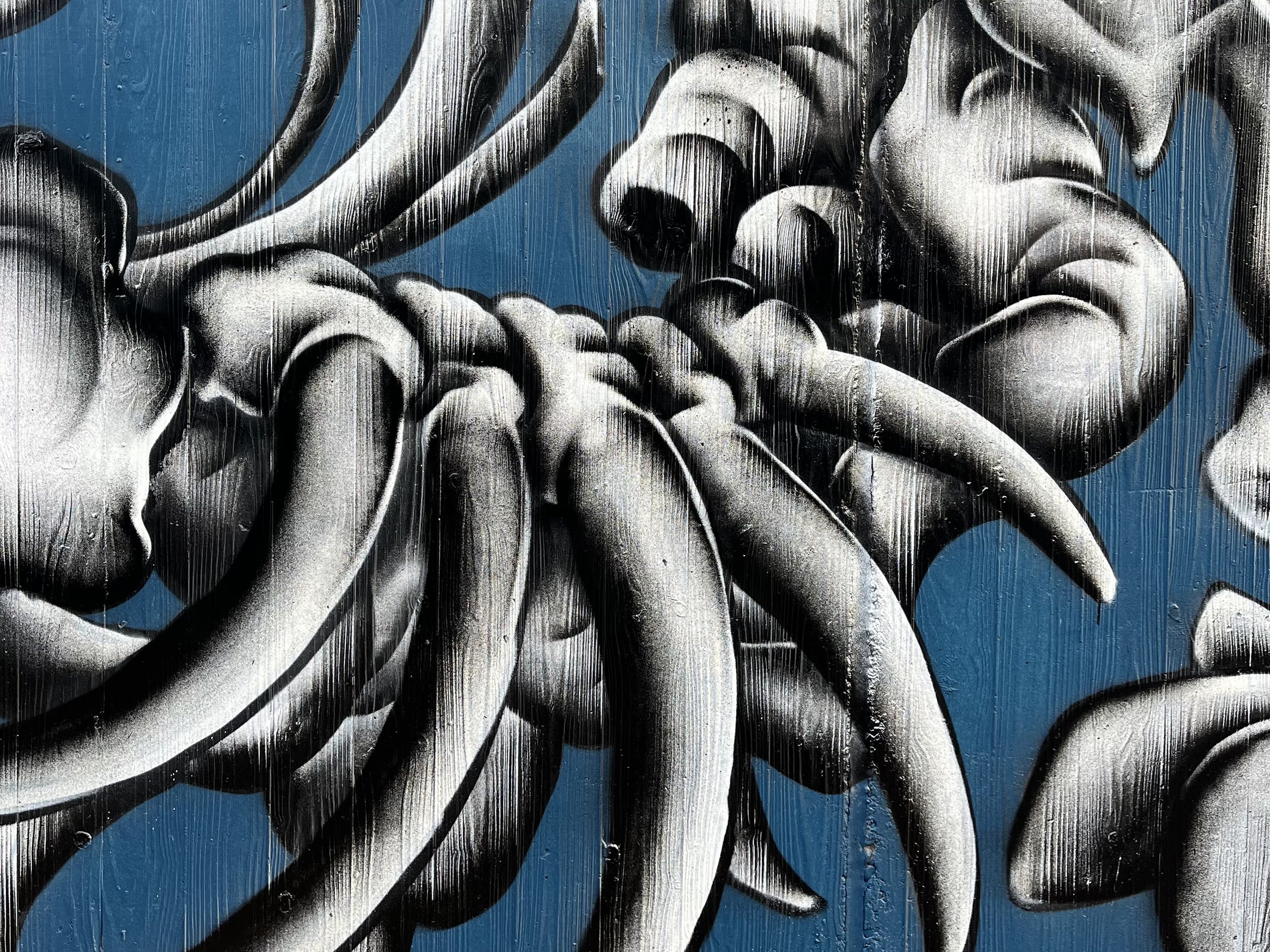 Close-up of a black and white mural of a woman with long hair, painted on a blue background.