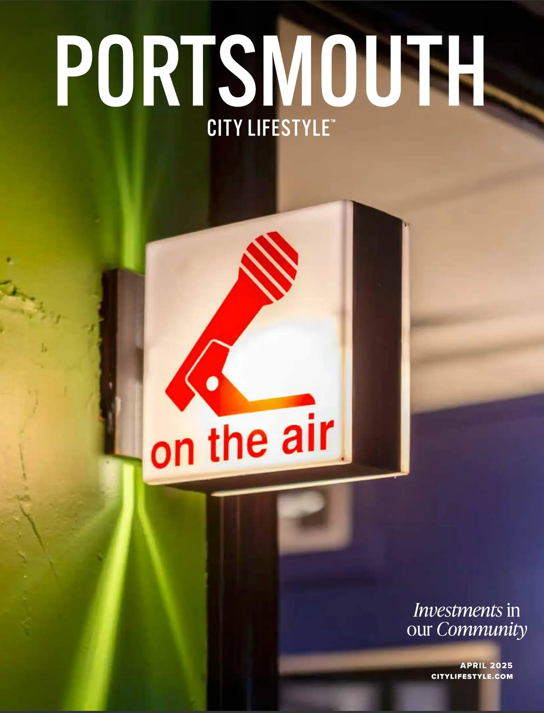 Cover page of a magazine or report titled 'Portsmouth City Lifestyle' with a subtitle 'Investments in our Community'. The date is April 2025 and the website is citylifestyle.com. The background shows part of an indoor setting with a green plant and a