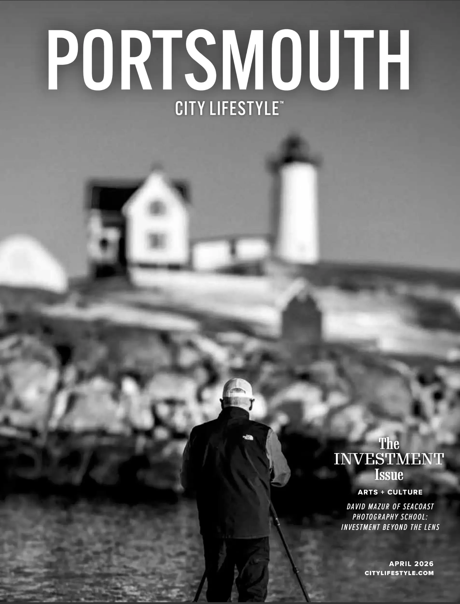A person walking on the beach with a golf club, facing away, with a lighthouse and buildings in the background. The cover page of a magazine titled 'Portsmouth City Lifestyle' featuring an arts and culture theme, dated April 2026, with a subtitle abo