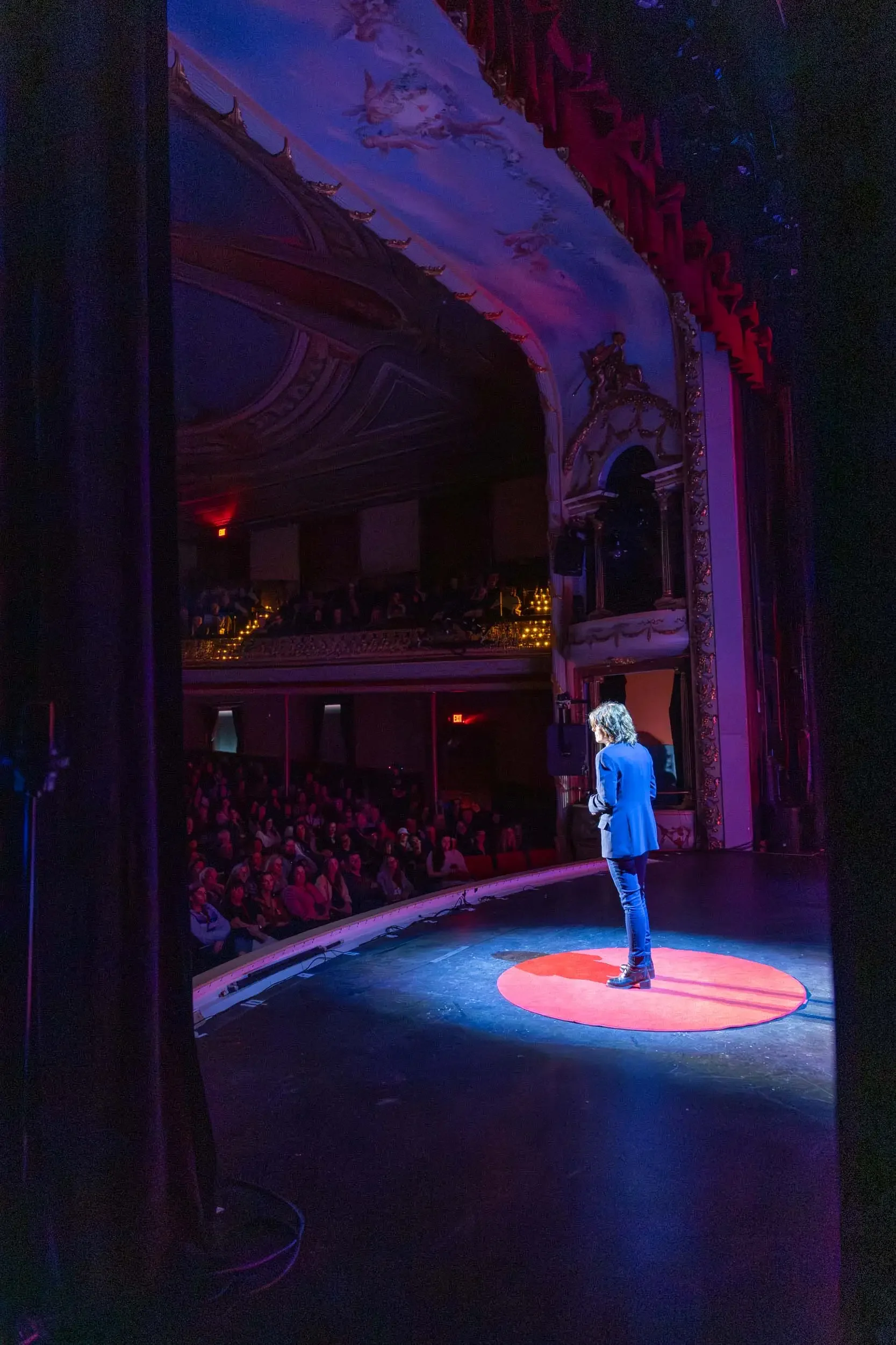 A woman speaking on stage at a TED Talk event, lit by stage lights, with an audience in a theater with ornate architecture and red curtains.