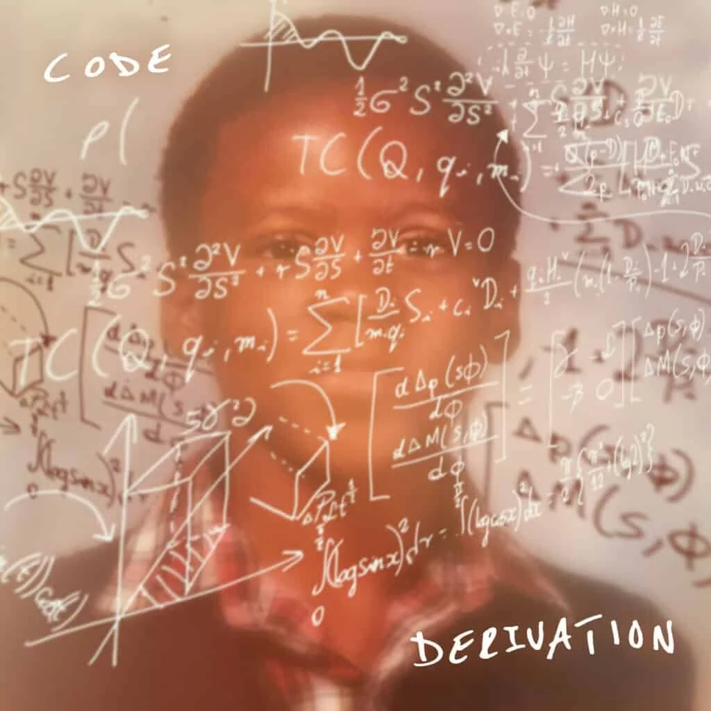 A person's face surrounded by handwritten mathematical and scientific equations and diagrams, with the words 'CODE' at the top left and 'DEVIATION' at the bottom right.