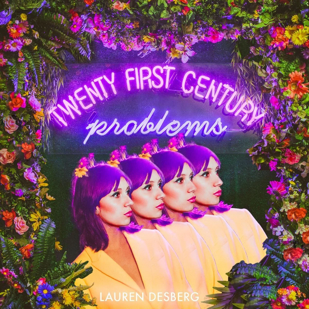 A neon sign reads 'TWENTY FIRST CENTURY problems' above a row of four women with purple hair, yellow tops, and yellow flowers in their hair, surrounded by colorful flowers.