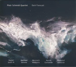 A dark, stormy sea with crashing waves under a night sky, with text indicating Piotr Schmidt Quartet's 'Dark Forecast' and names of band members.
