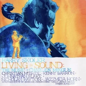 Movie poster for 'Living in Sound' featuring a large blue-toned portrait of a man with a pipe, with a smaller figure in yellow on the left holding a guitar, against an orange background.