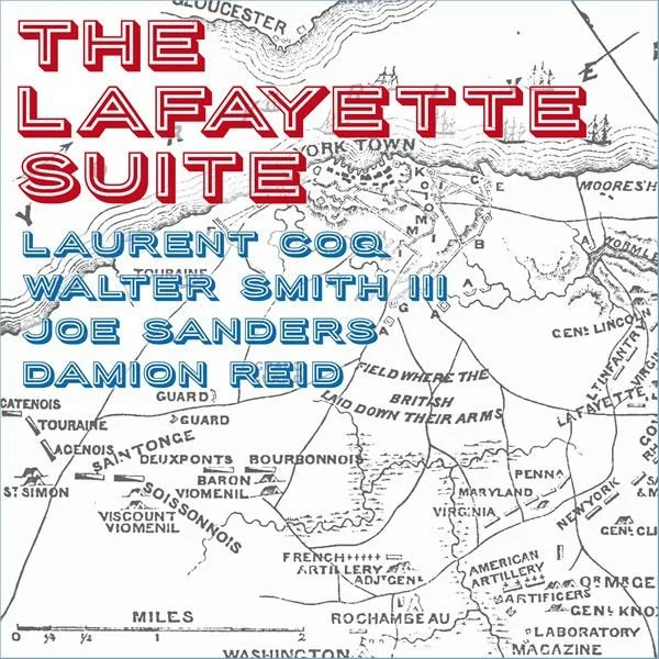 Map of the Lafayette Suite featuring names of artists Laurent Coq, Walter Smith III, Joe Sanders, and Damion Reid, with artistic and geographic details.
