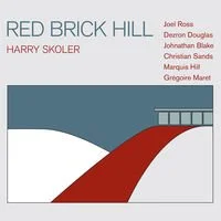 Book cover titled 'Red Brick Hill' by Harry Skoler, featuring abstract geometric illustration of a hill with a red road and a small building with a fence on a blue and white background.