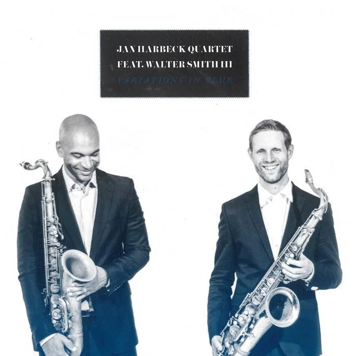 Two men in suits holding saxophones, smiling, with a black and white background and text mentioning Jan Harbeck Quartet featuring Walter Smith III.
