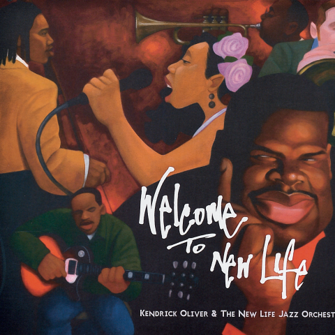 A mural depicting jazz musicians performing, including a singer with flowers in her hair, a guitarist, and a trumpeter, with the text "Welcome to New Life" and "Kendrick Oliver & The New Life Jazz Orchestra."