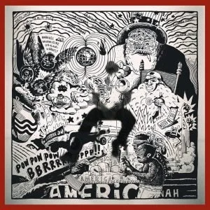 Black and white collage featuring various abstract and surreal elements, including faces, animals, and cartoon-like figures, with the word 'AMERICAN' at the bottom.