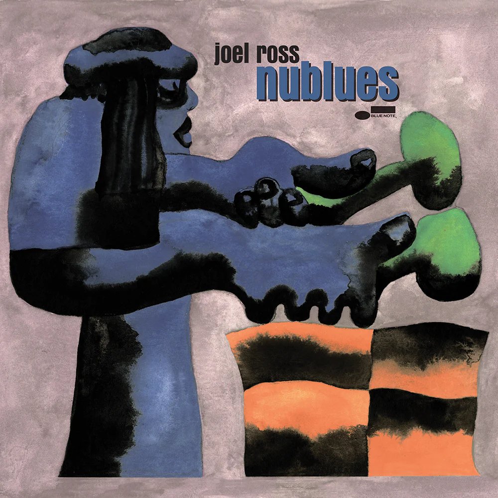 Album cover for Joel Ross' "Nu Blues" featuring abstract artwork with a stylized figure playing a piano, rendered in black, blue, green, gray, and orange colors.