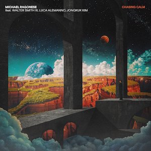 A surreal landscape viewed through large window frames with a canyon, distant planets, and a starry sky.