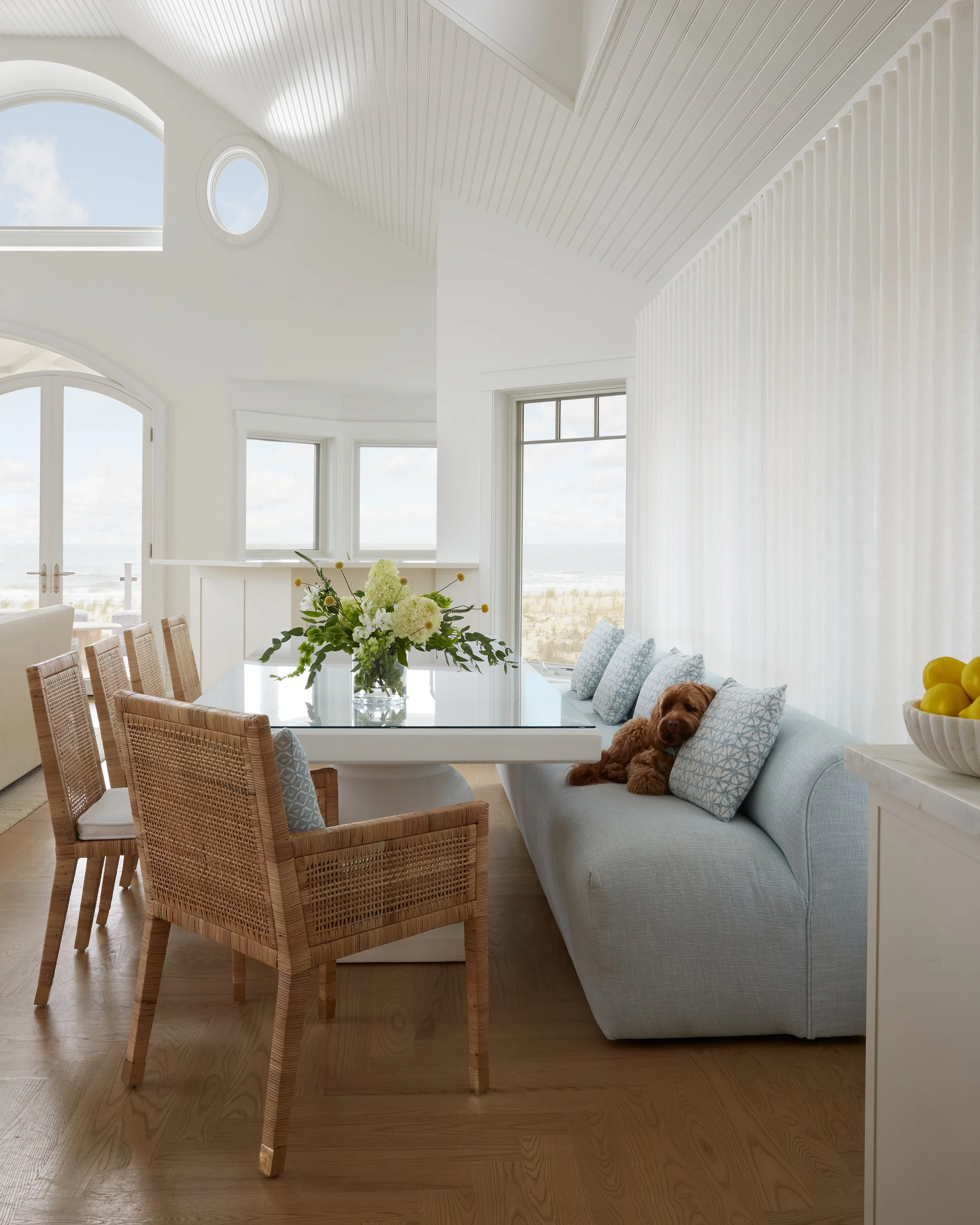 Bright coastal dining area with white walls and ceiling, large windows showing a beach view, a dining table with a flower arrangement, cushioned seating, and a small brown dog resting on a cushion.
