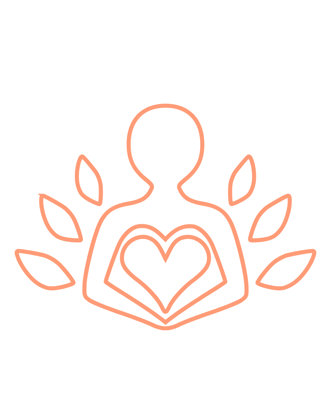 Outline of a person with a heart on chest, surrounded by leaves, on a black background, glowing in pink.