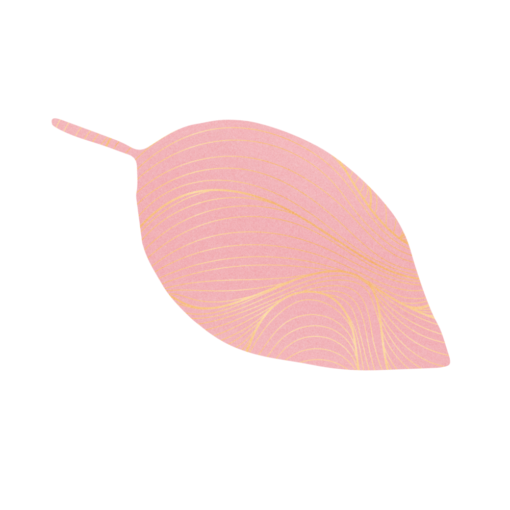 Illustration of a pink leaf with fine gold veins on a white background.