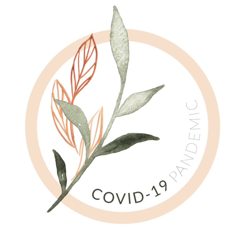 Decorative sticker with a leaf illustration and the text 'COVID-19 PANDEMIC'