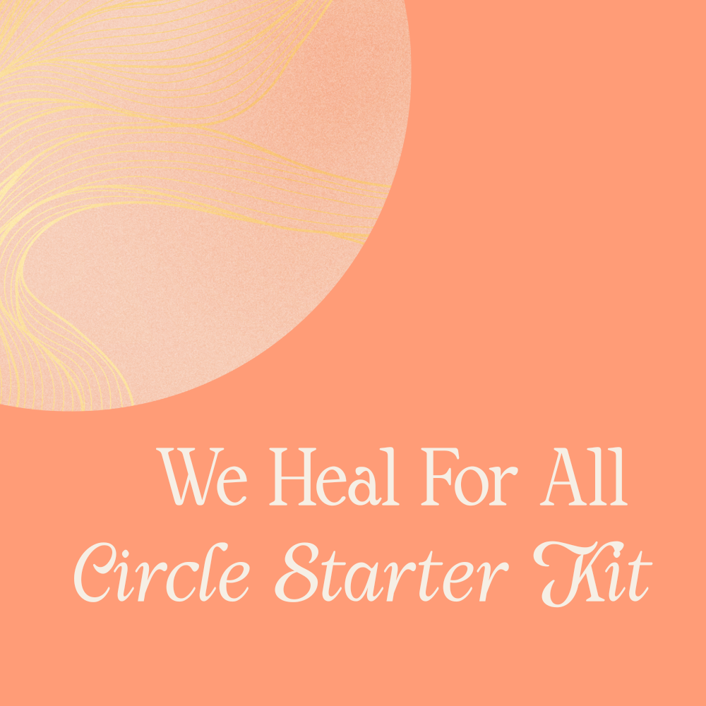 A graphic design with a large peach-colored circle in the top left corner, containing faint yellow swirl lines. The background is a solid peach color with the text "We Heal For All Circle Starter Kit" in white, centered towards the bottom.
