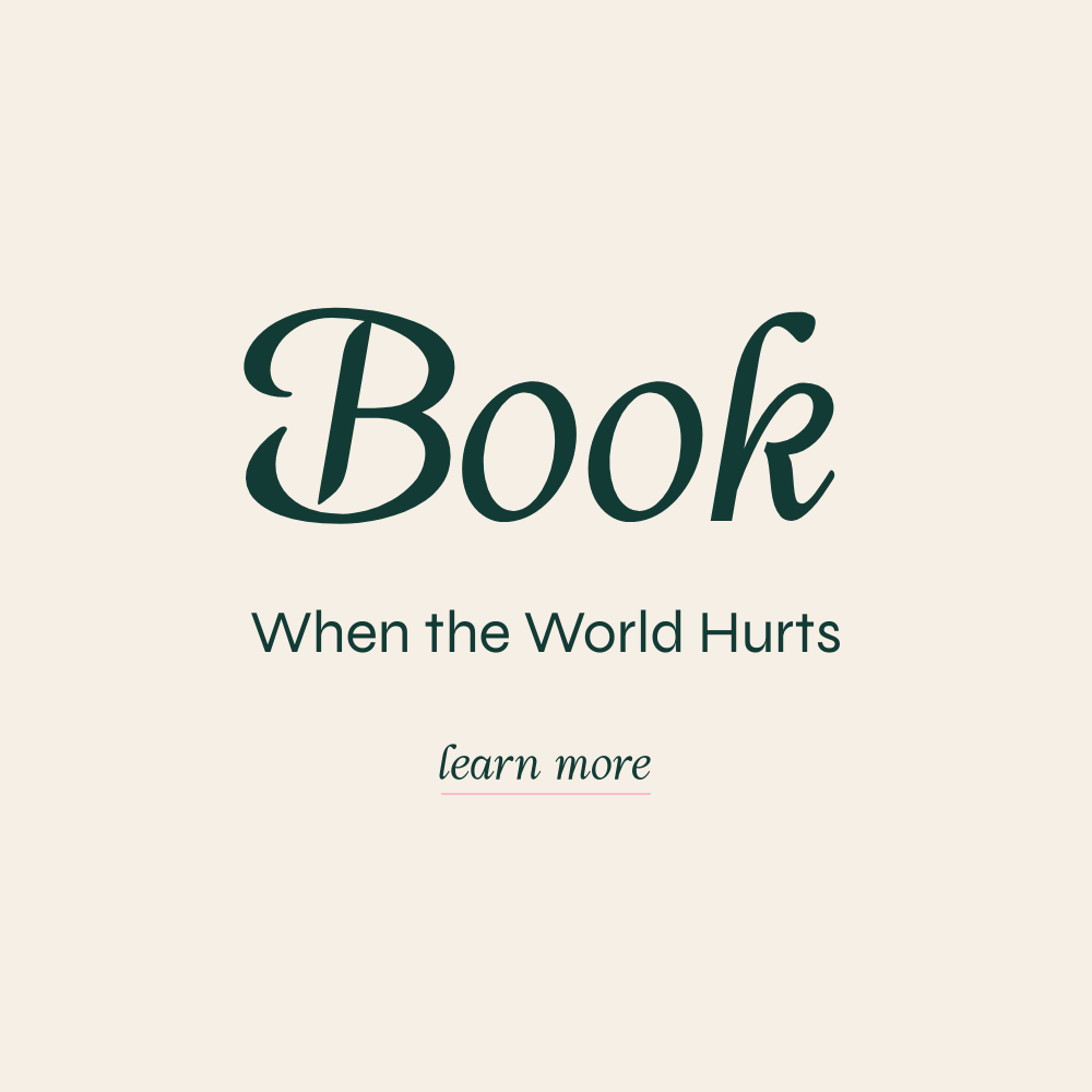 Book cover with the title "Book When the World Hurts" and a subtitle "learn more" on a beige background.