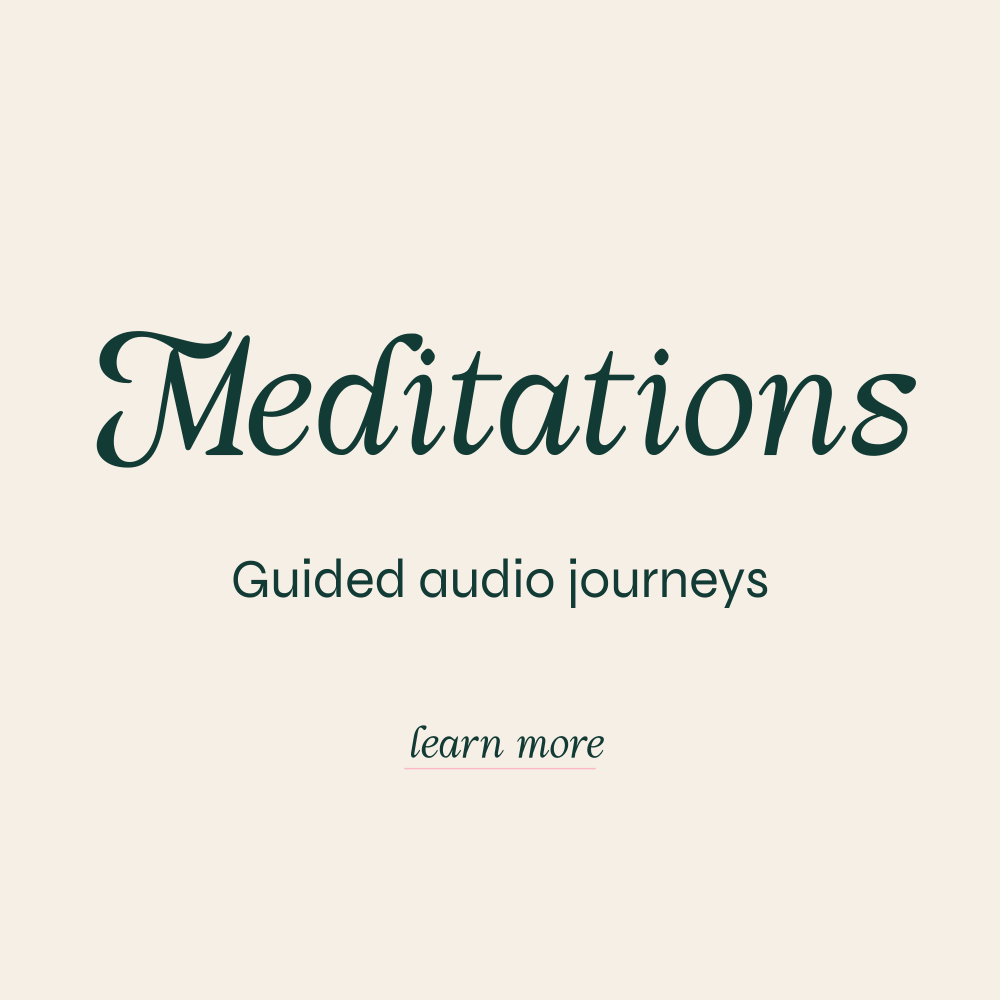 A promotional graphic for meditation guided audio journeys featuring the word 'Meditations' in large cursive font, with additional text 'Guided audio journeys' and 'learn more' on a light beige background.